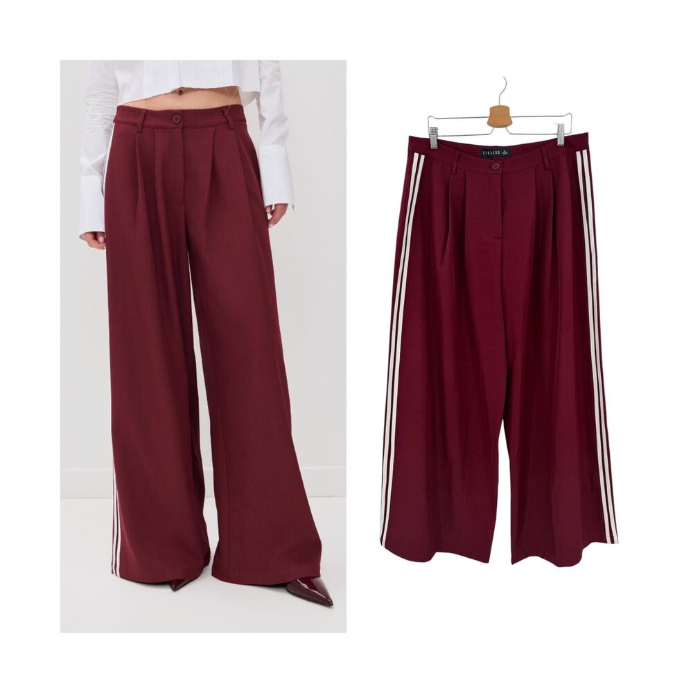 Lioness Serenity Pant Side Stripe Wide Leg Trousers Burgundy NWT Size XL